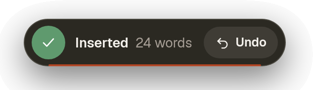 On-page floating pill with word count and instant undo