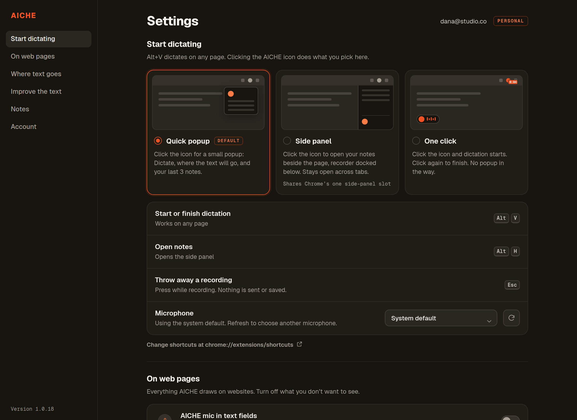 AICHE Chrome Extension settings