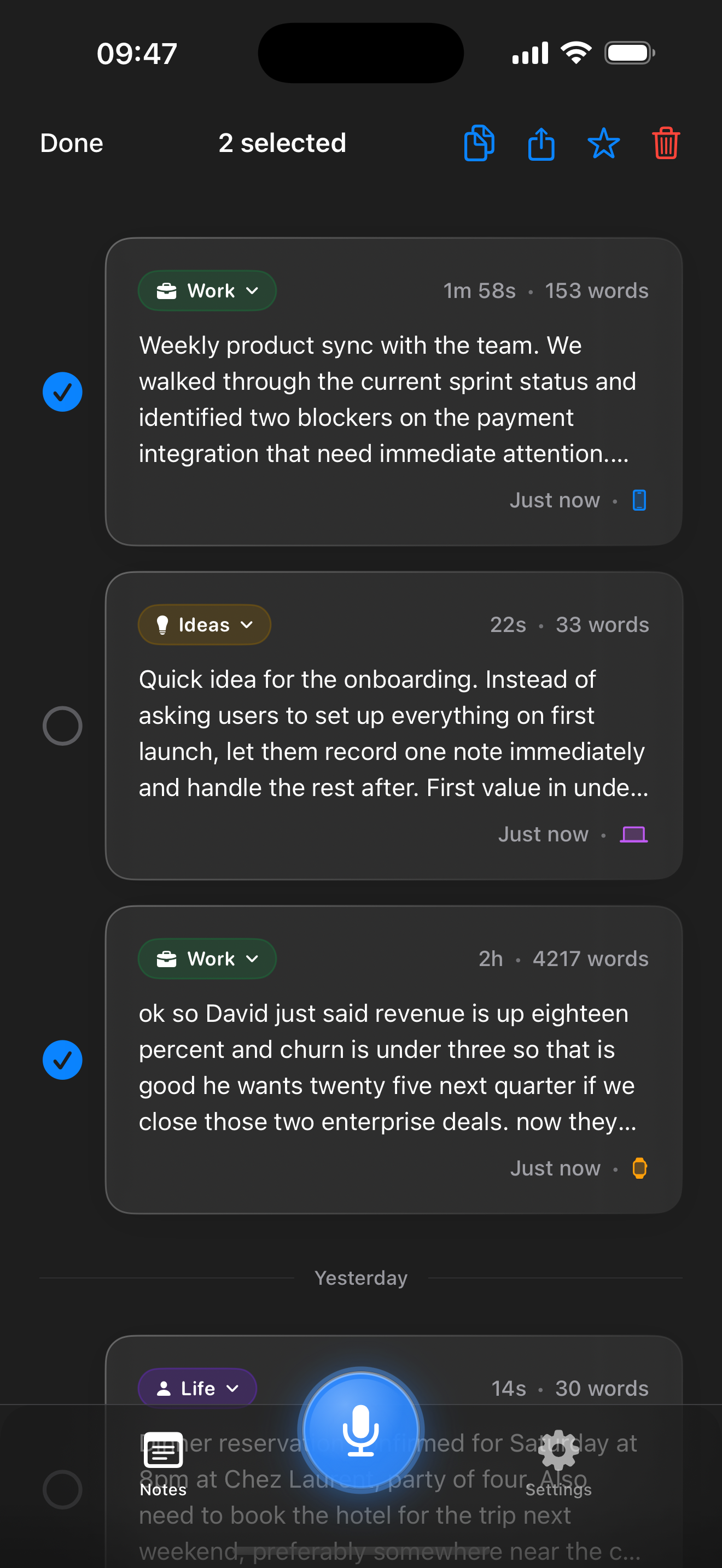 Select, favorite, and manage notes