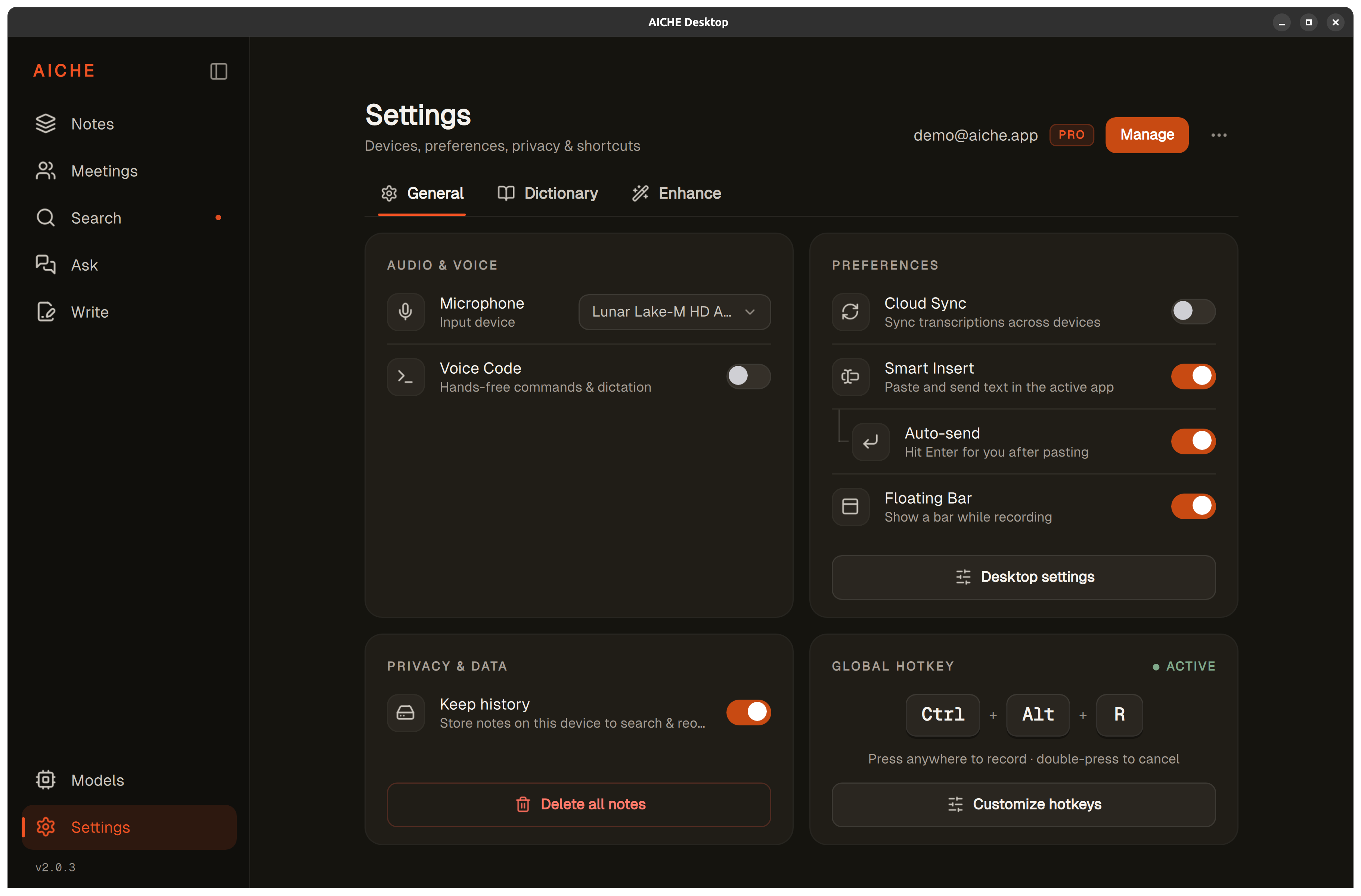AICHE Settings showing keyboard shortcuts