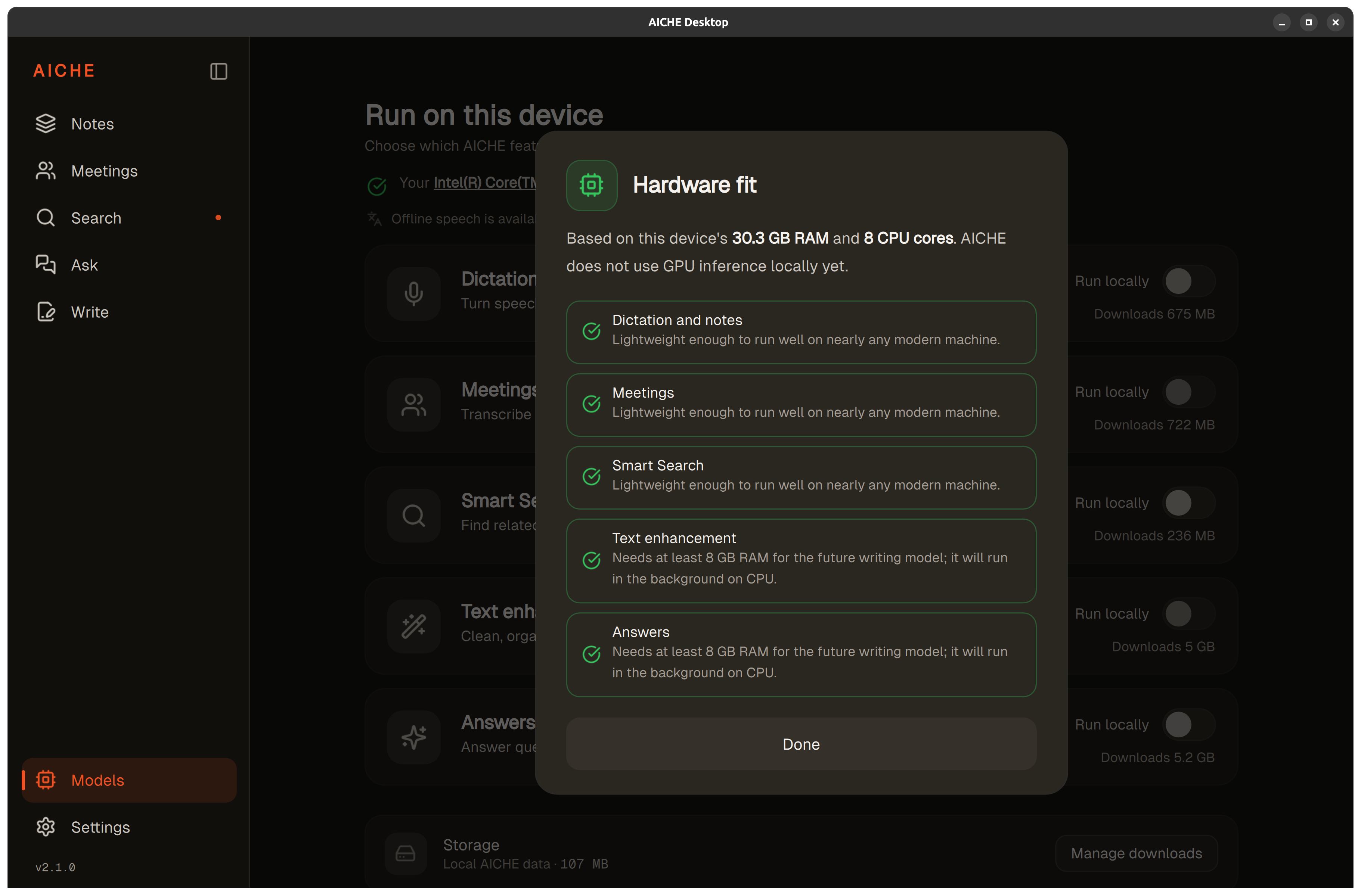 Hardware fit dialog showing device specs and per-feature suitability