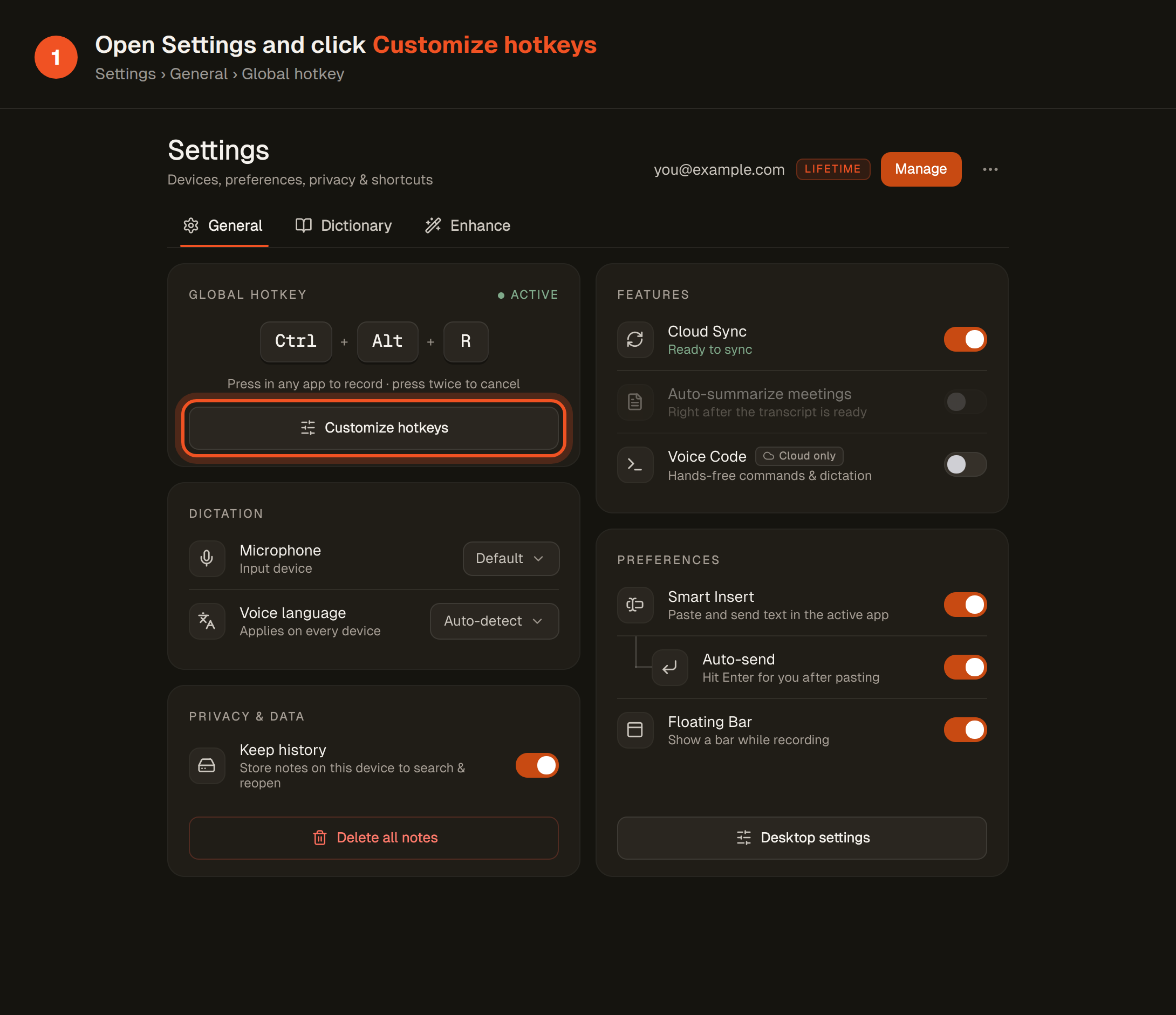 Open Settings, go to General tab, and click Customize hotkeys