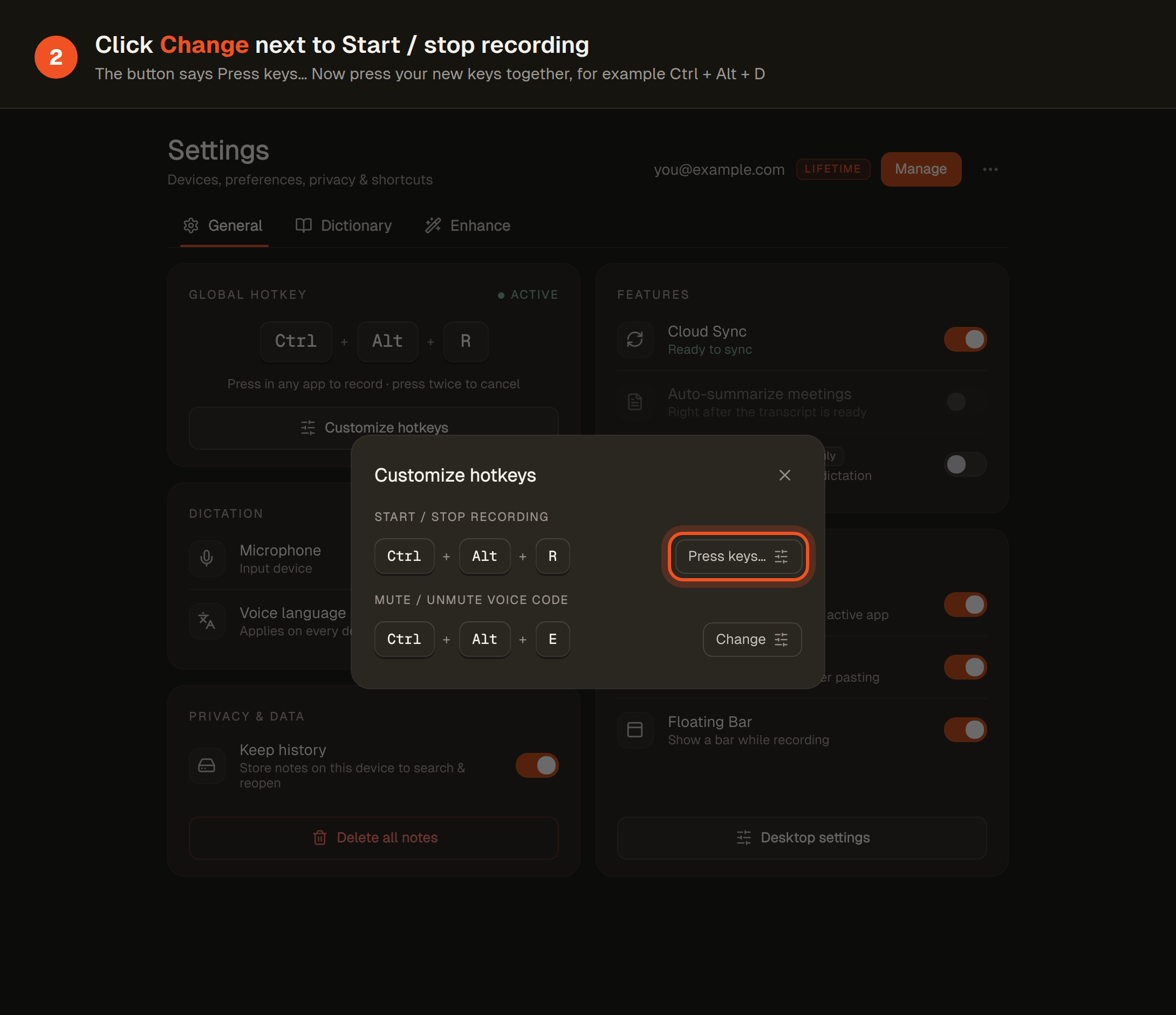 Click Change next to the shortcut and press your new keys together