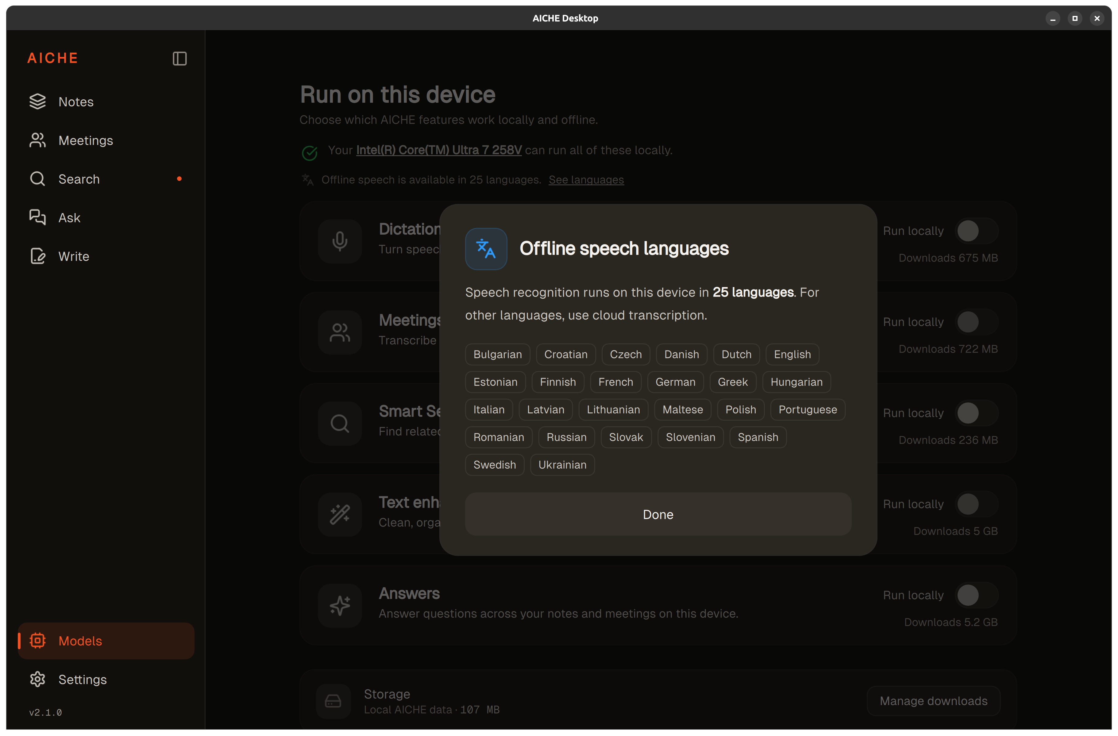 Offline speech languages dialog showing the 25 supported languages