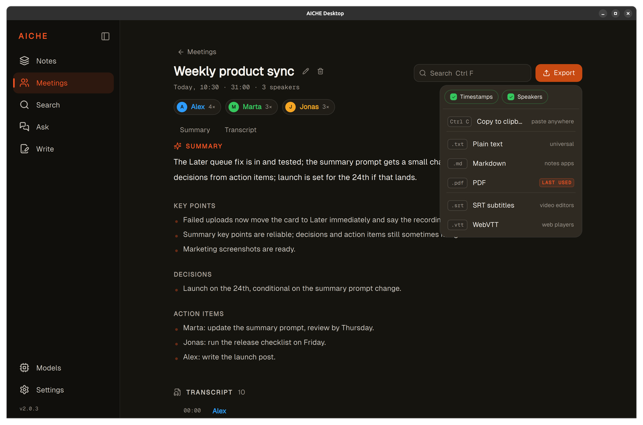 Export menu showing format options with timestamp and speaker toggles