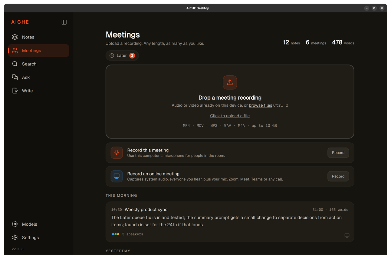 Meetings screen with drop zone, recording options, and meeting list