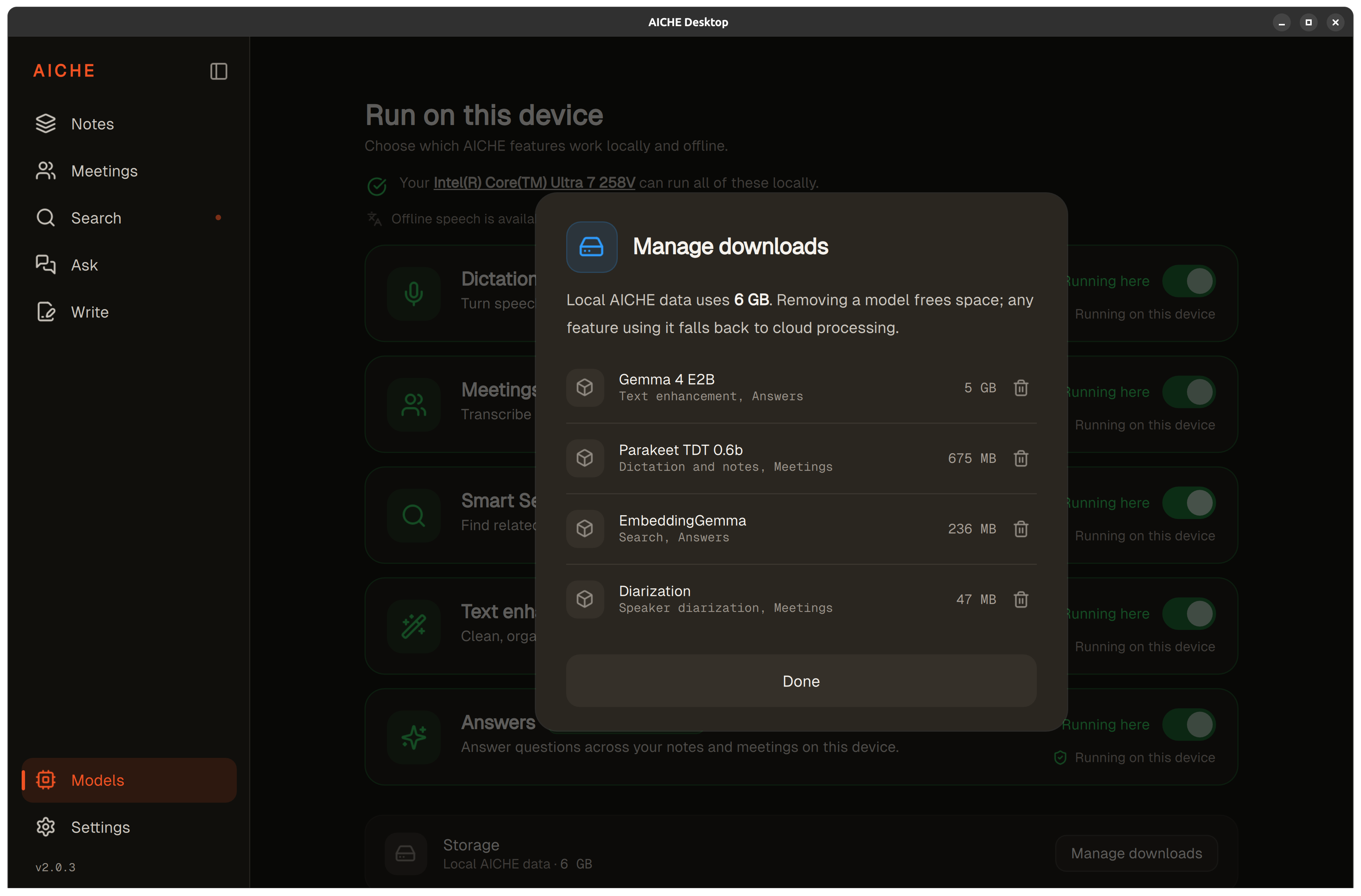 Manage downloads dialog showing model names, disk usage, and remove controls