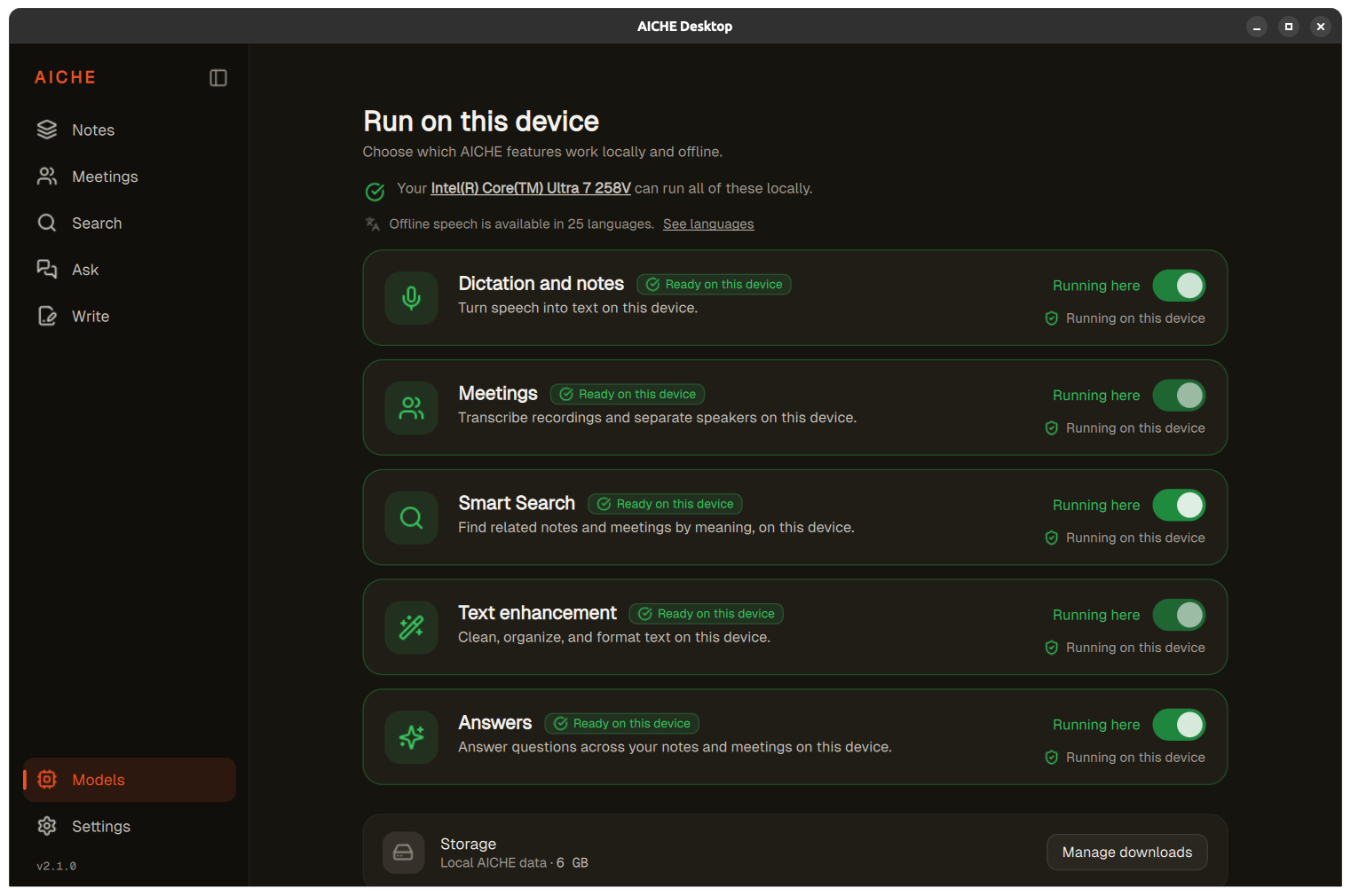Models screen showing all five capabilities with toggles and status indicators