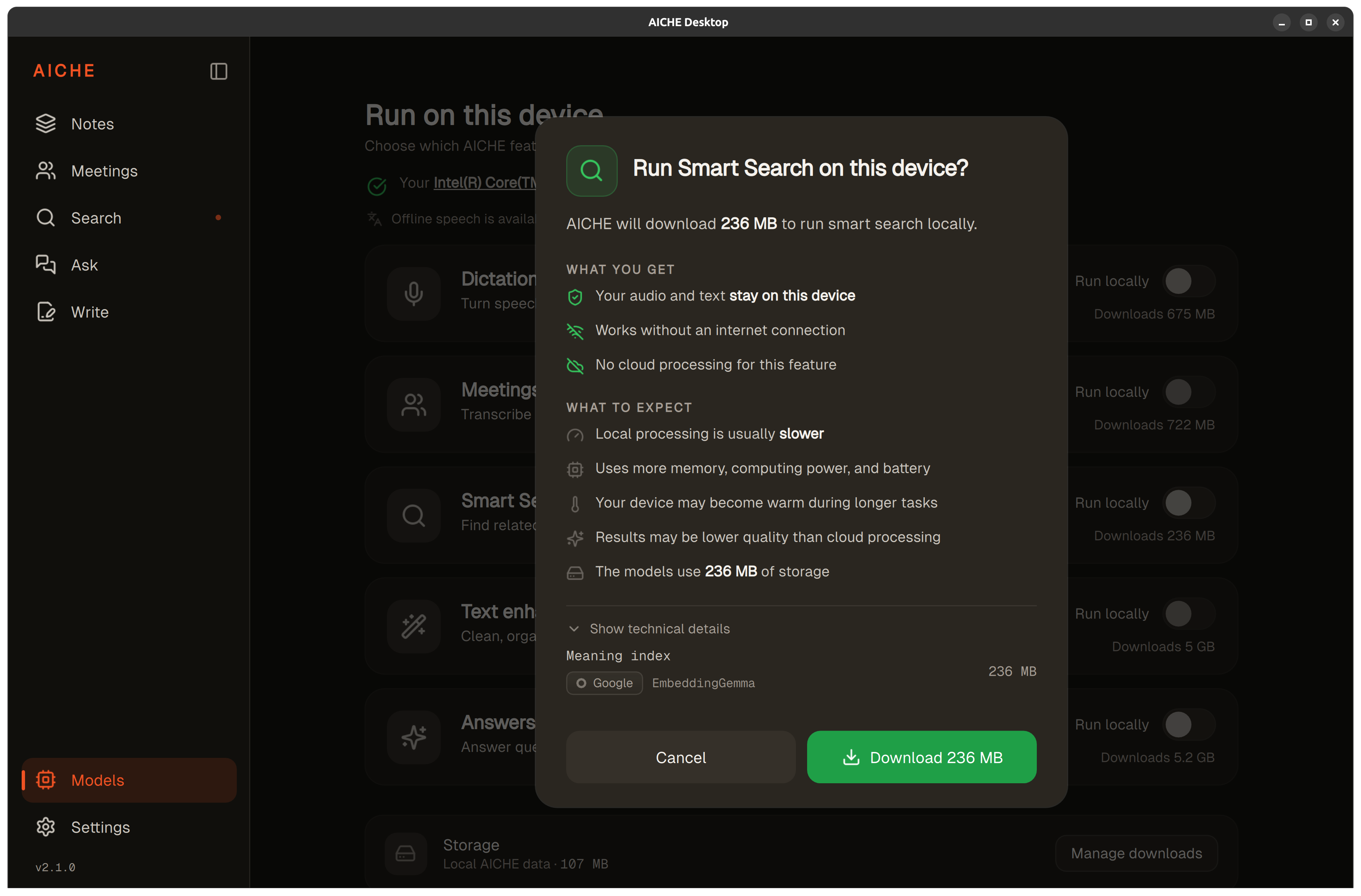 Dialog for running Smart Search on this device