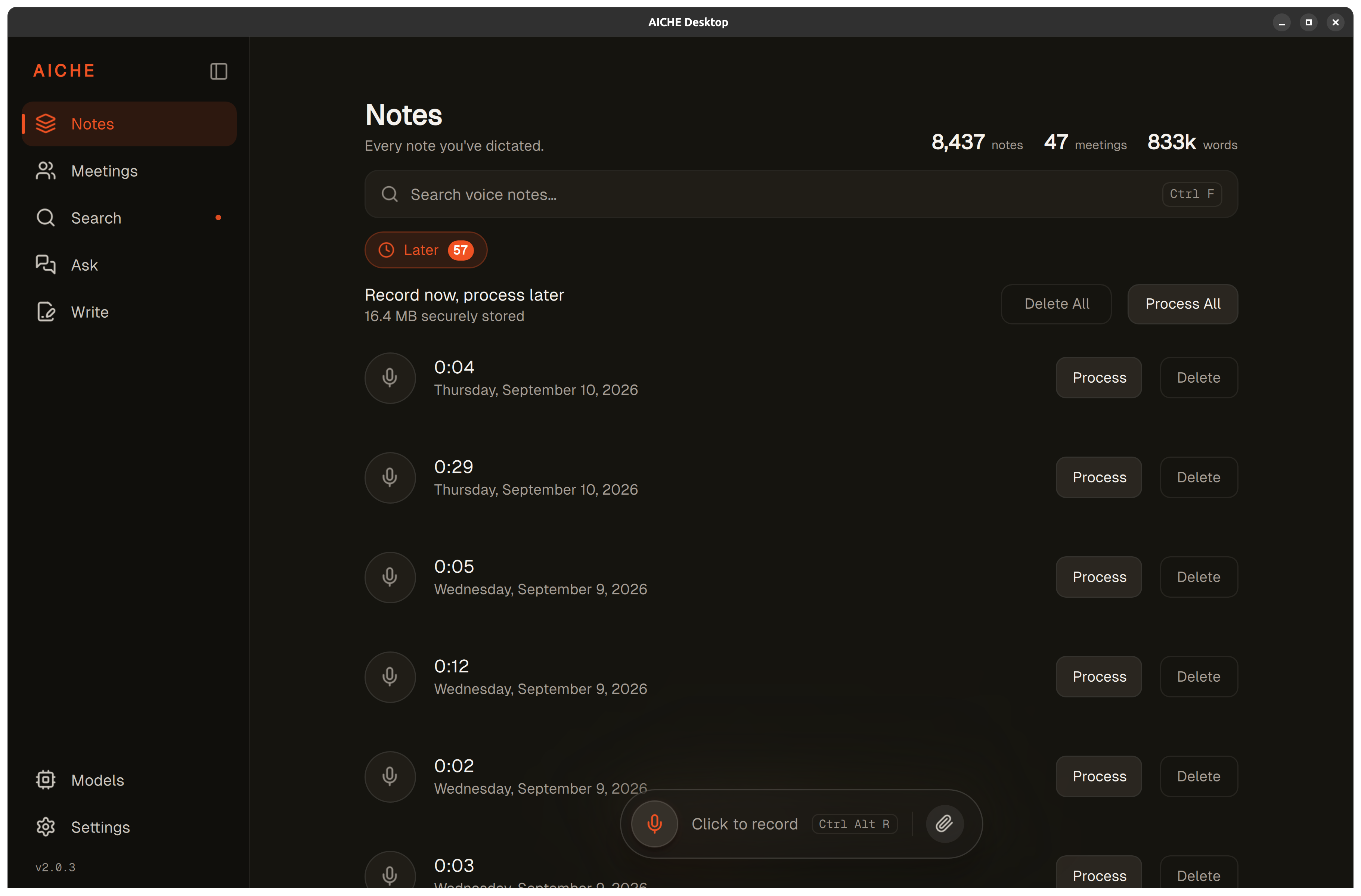 Later queue showing pending recordings with Process and Delete actions