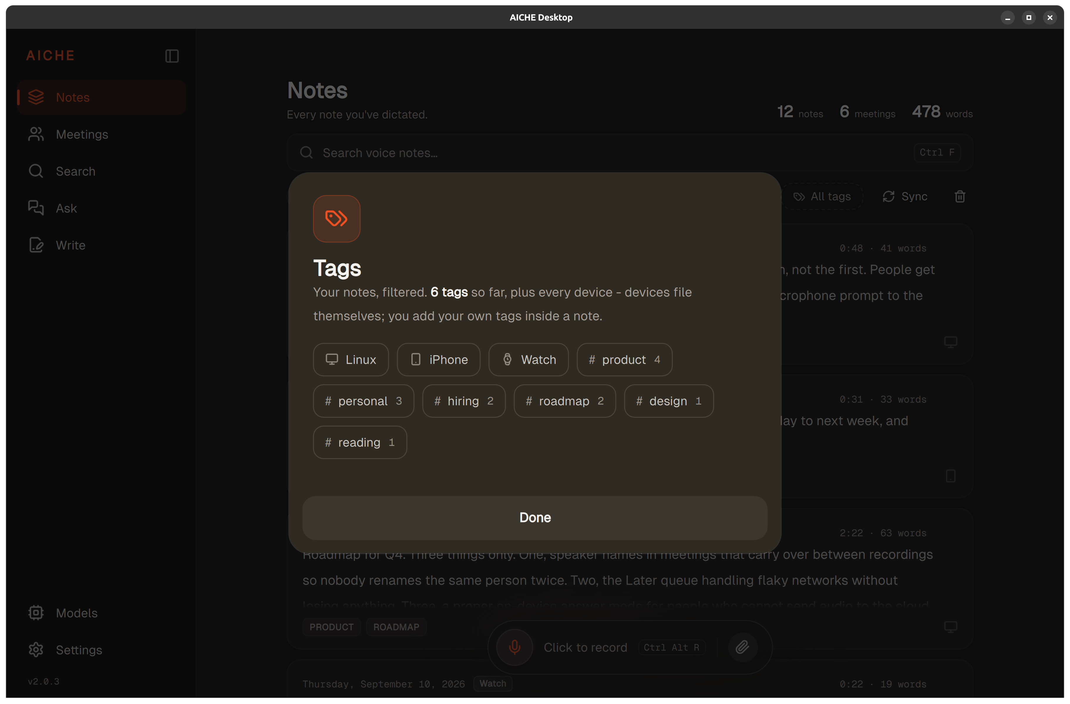 Tags filter showing device labels and user-created tags