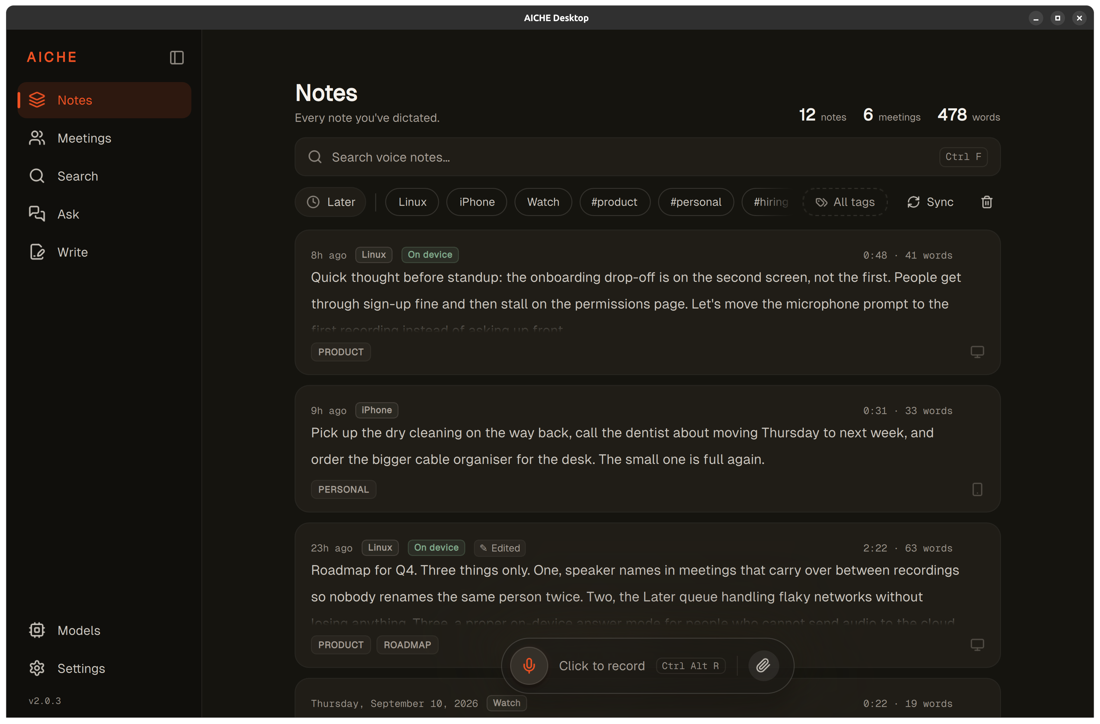 Notes feed showing recorded notes with device labels, tags, and a recording control