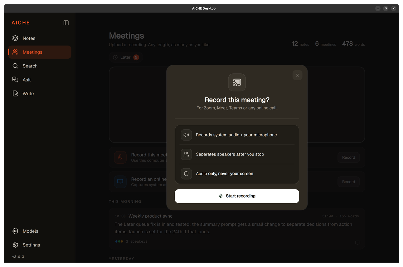 Online meeting dialog, records system audio plus microphone, audio only never screen