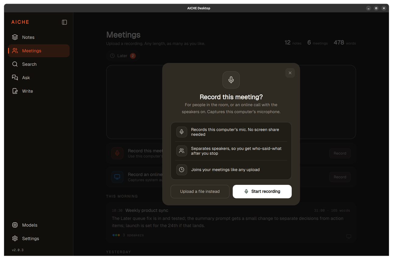 Room recording dialog, captures microphone audio, separates speakers after you stop