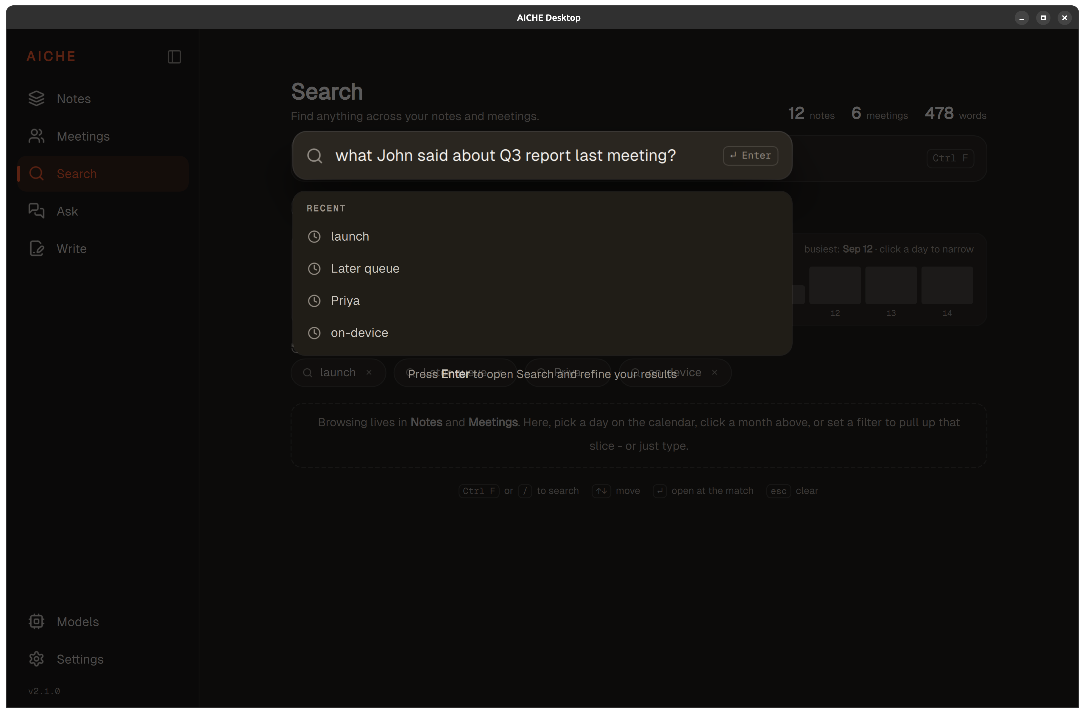 Search filter options for time, device, tag, and content type
