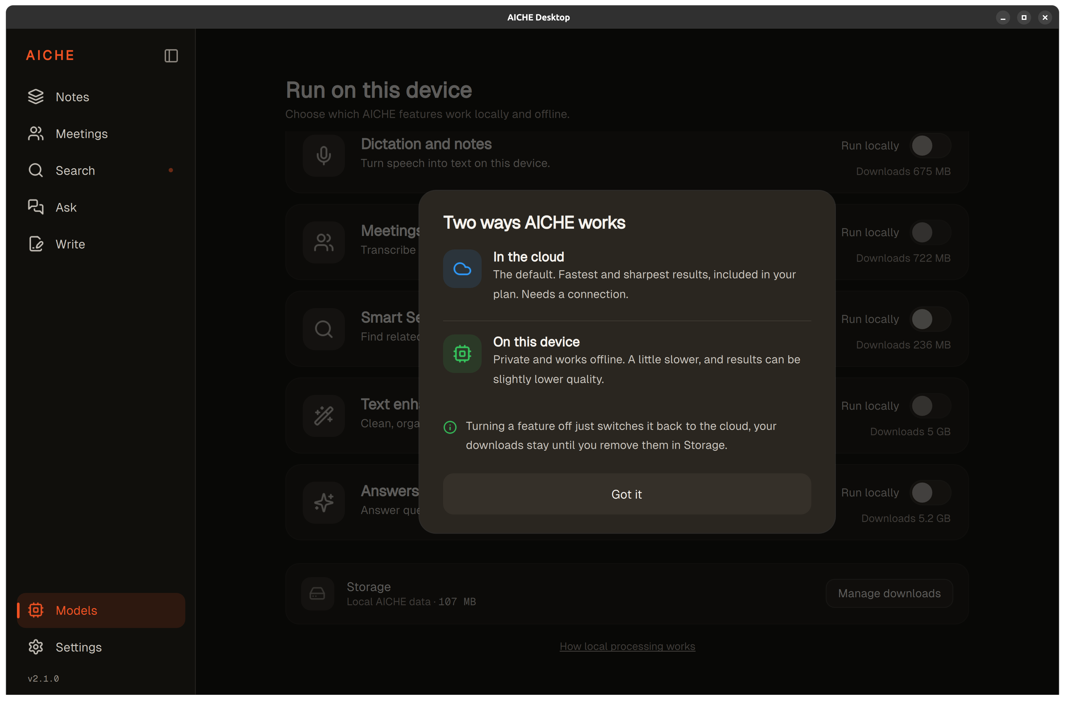 Two ways AICHE works: in the cloud by default, or on this device for privacy and offline use
