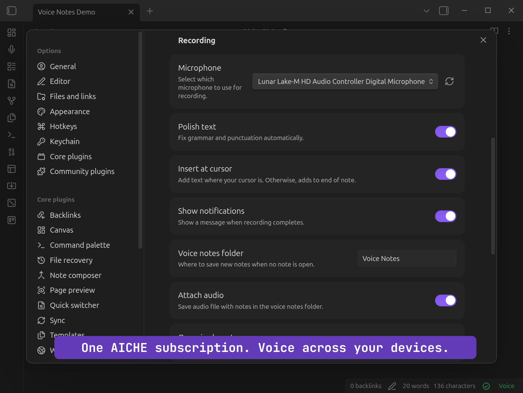 AICHE Voice settings in Obsidian