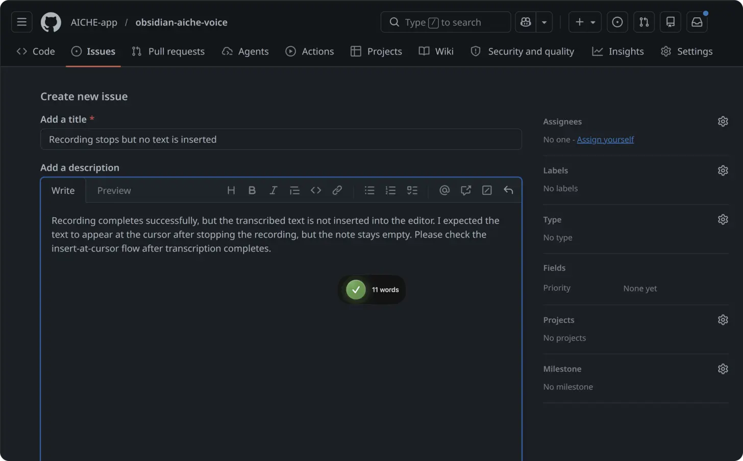 A GitHub issue dictated with AICHE
