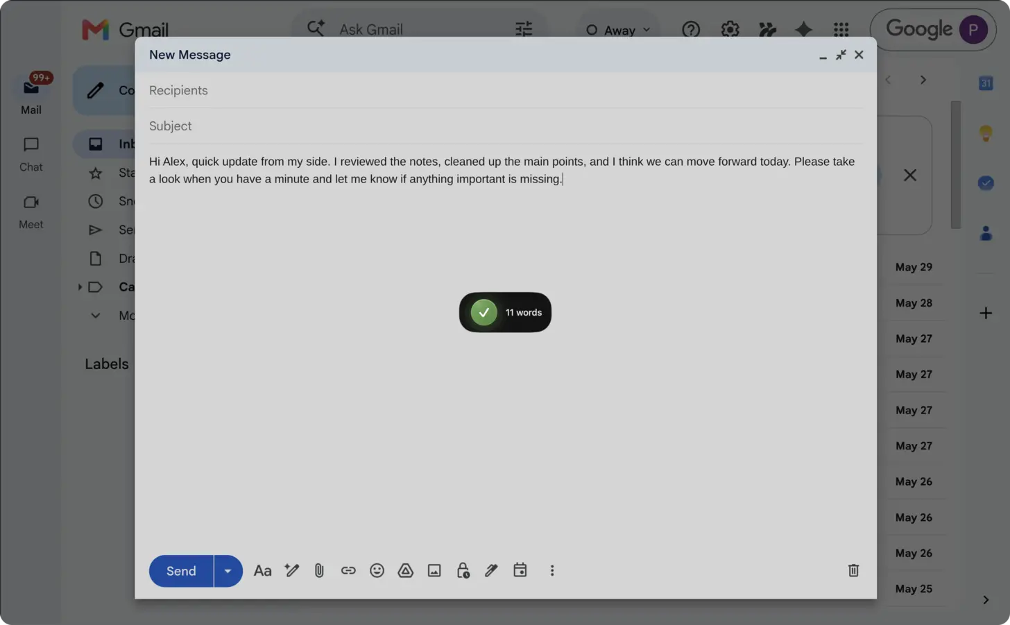 An email drafted with AICHE in Gmail