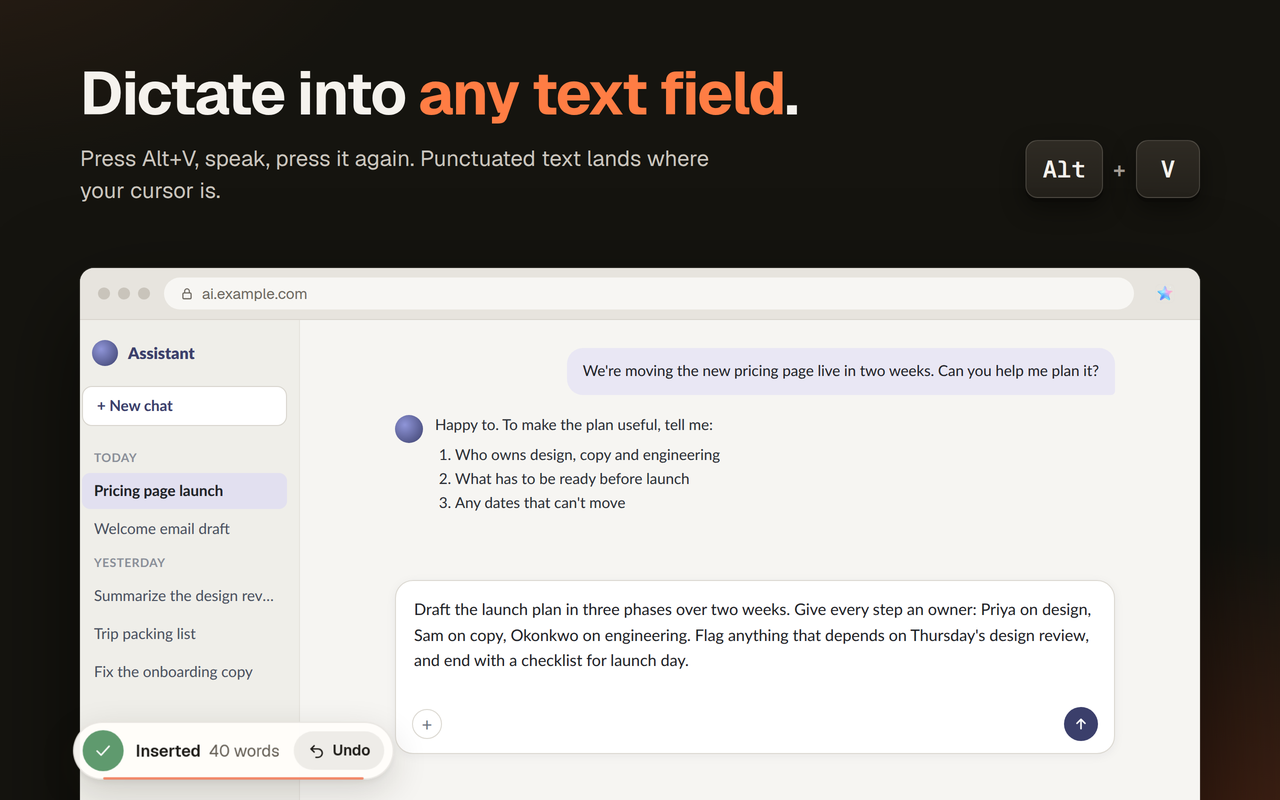 AICHE Chrome Extension dictating into any text field