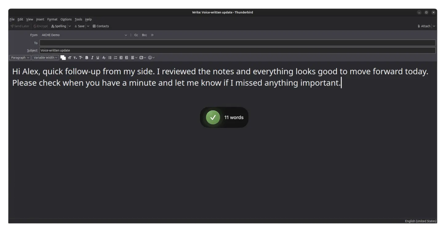 A message dictated with AICHE in Thunderbird